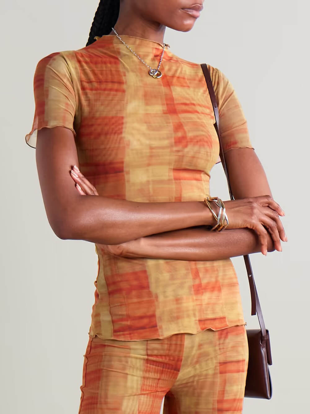 Unique Ruched Plaid Print Stretch Mesh T-Shirt