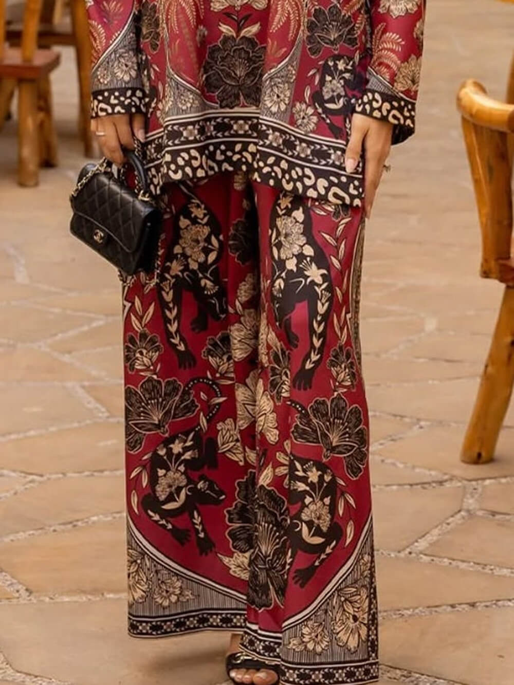 Unique Floral Patchwork With Elastic Waist Wide-Leg Pants