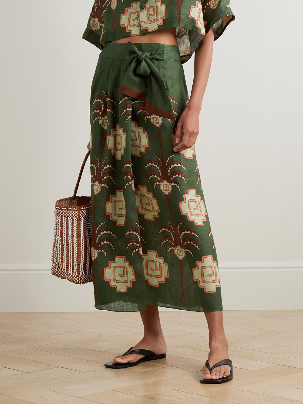 Retro Palm Tree Print Linen Wrap Midi Skirt