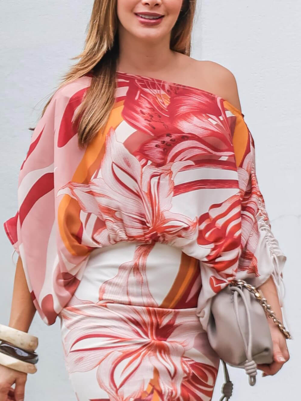 Exquisite Asymmetrical One-Shoulder Unique Floral Print Drop-Shoulder Top