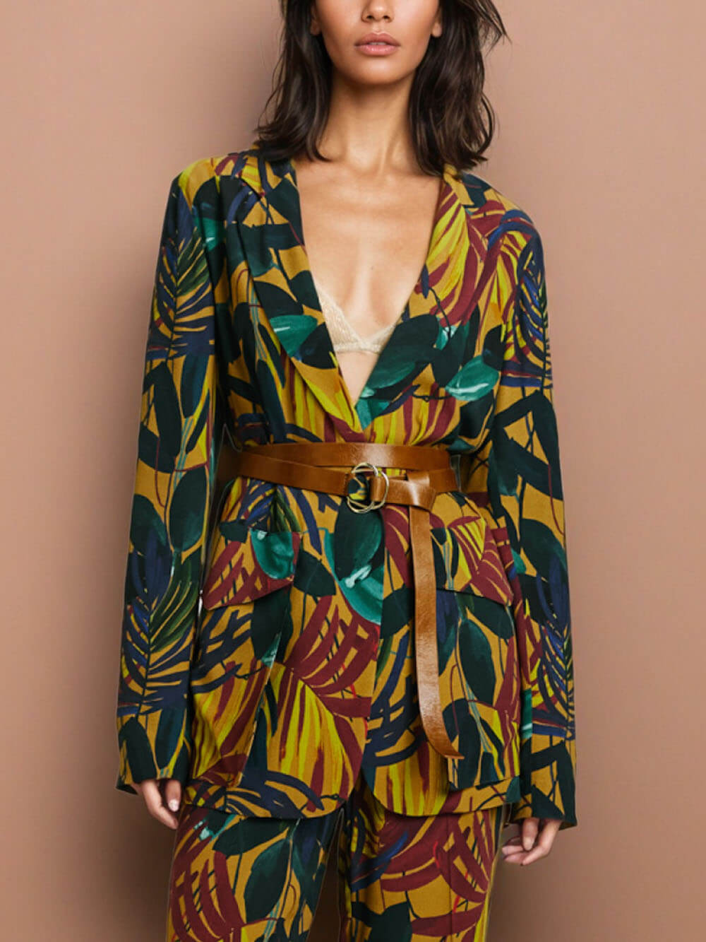 Retro Unique Colorful Palm Leaf Oil Painting Print Zippered Pocket Straight Pants