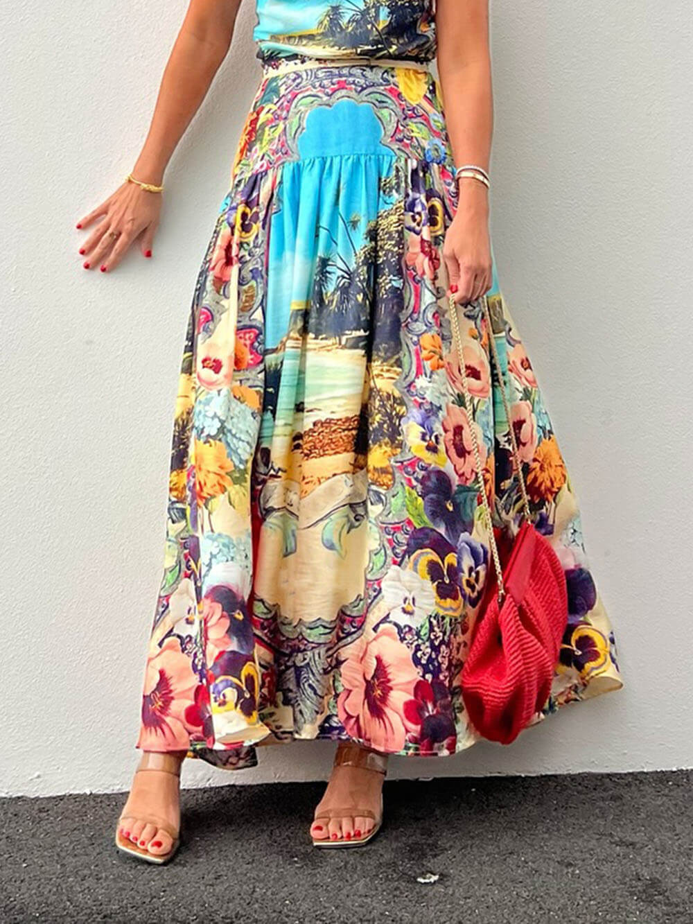 Vibrant Floral Print Draped Fitted Waist Pleated Skirt