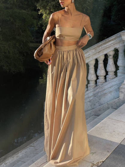 Exquisite Sexy Chambray Cropped Top Loose Maxi Skirt Set