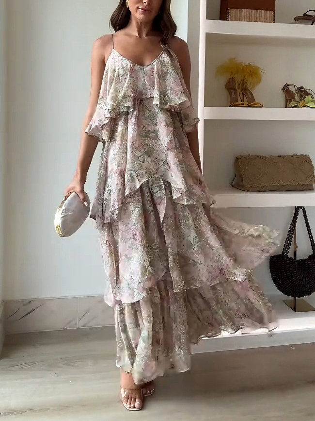 Elegant Floral Print Layered Flowy Sling Maxi Dress