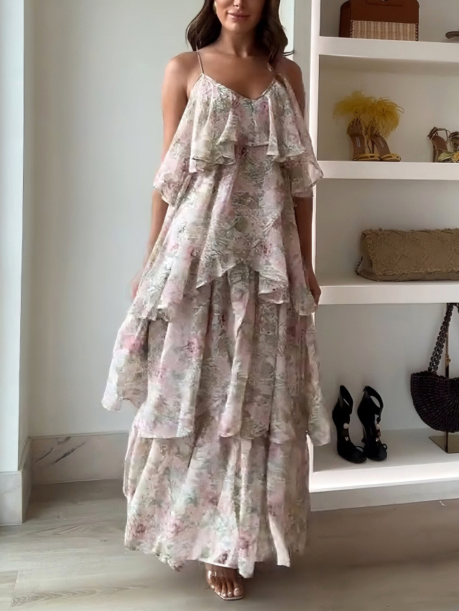 Elegant Floral Print Layered Flowy Sling Maxi Dress