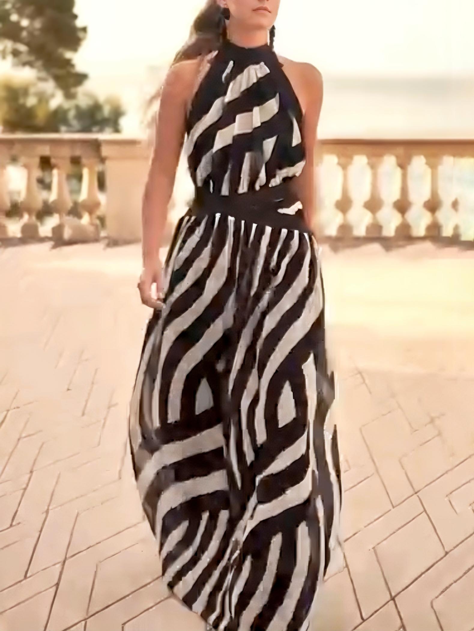 Elegant Halterneck Geometric Stripe Print Flowy Maxi Dress