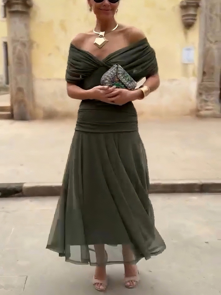 Elegant V-neck Pleated Mesh A-line Maxi Dress