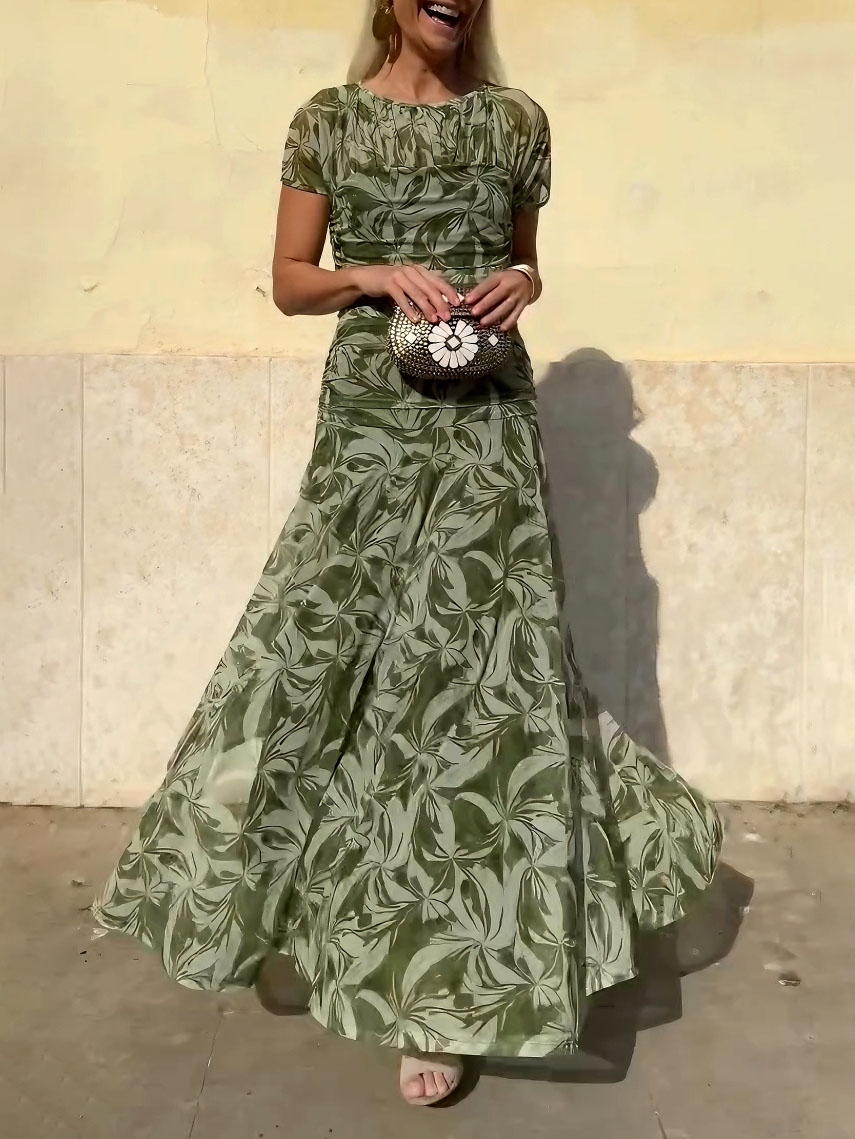 Elegant Printed Pleated Hip-hugging Maxi Dress