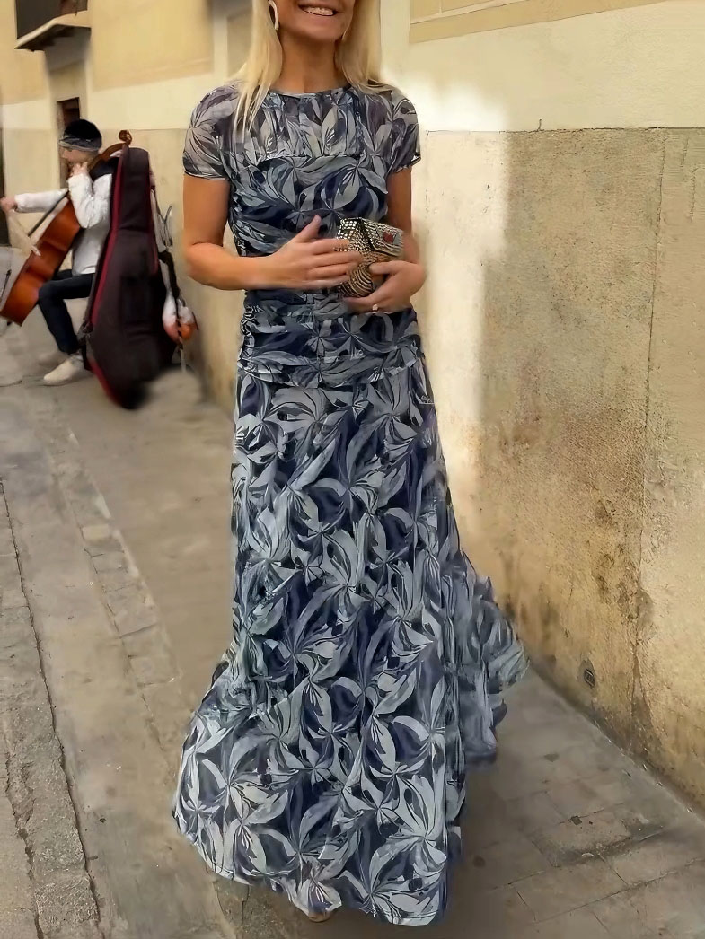 Elegant Printed Pleated Hip-hugging Maxi Dress