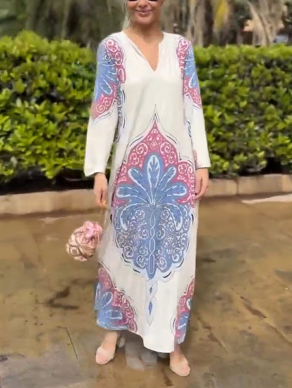 Casual Paulownia Palm Print Long Sleeve Slow Midi Dress