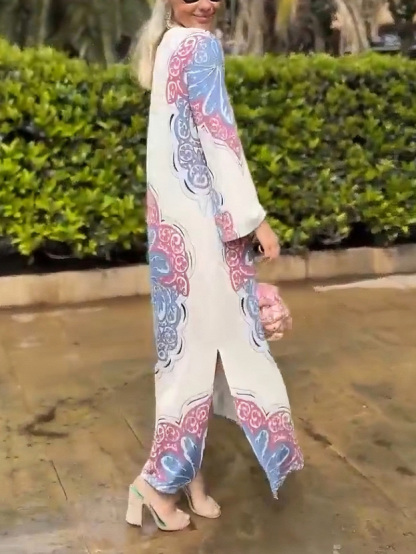 Casual Paulownia Palm Print Long Sleeve Slow Midi Dress