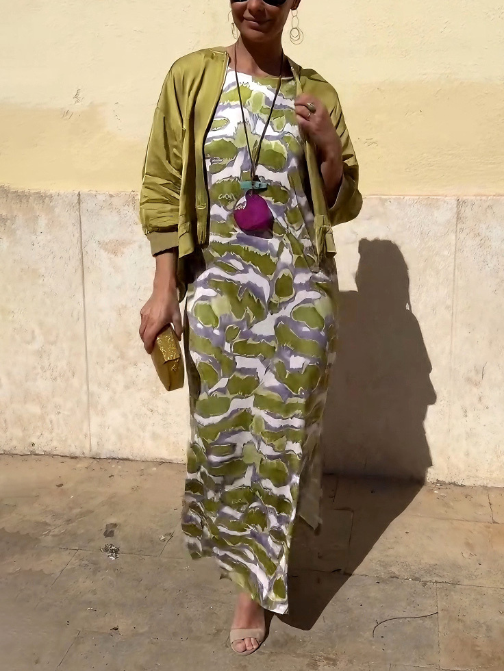 Fashion Satin Tie-Dye Printed Slit Vest Maxi Dress