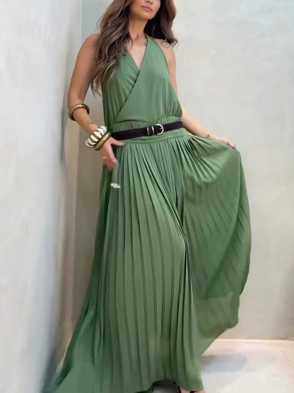 Elegant Sexy Open Back Pleated Maxi Dress