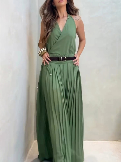 Elegant Sexy Open Back Pleated Maxi Dress