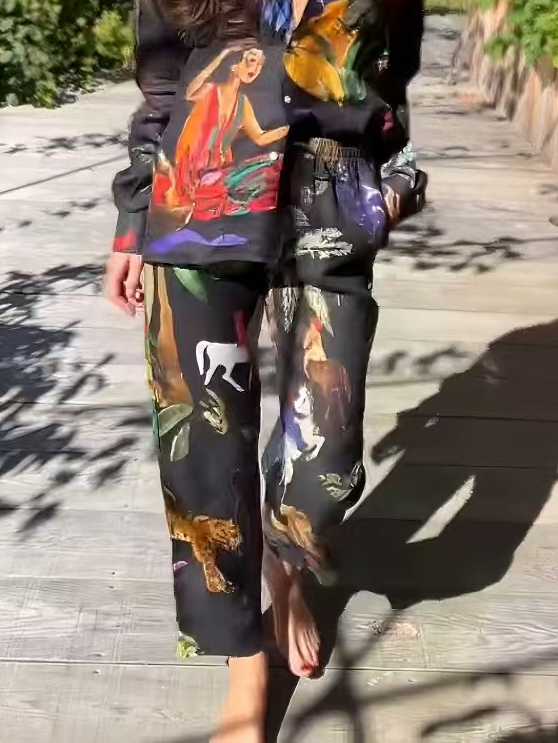 Unique Art Painted Floral Print Wide Leg Pants