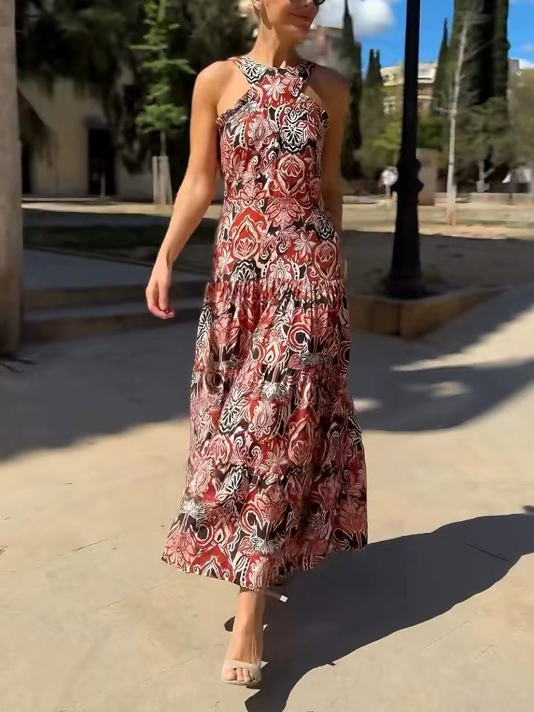 Vintage Ethnic Print Layered Midi Dress
