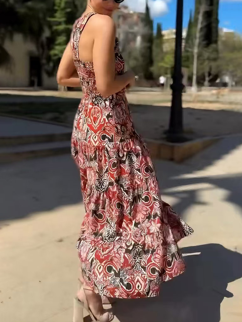 Vintage Ethnic Print Layered Midi Dress