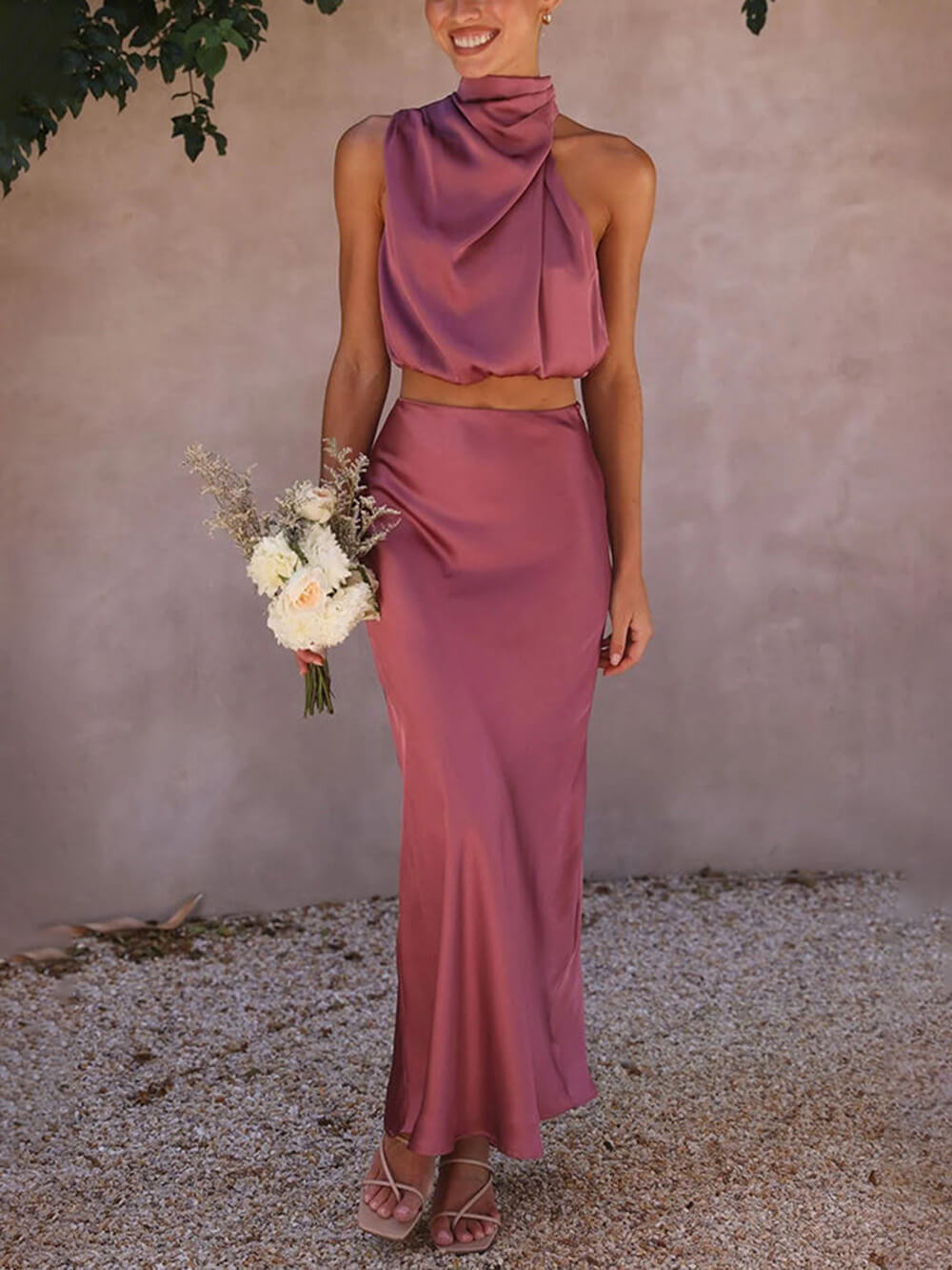 Elegant Such A Vibe High Neck Satin Drape Maxi Skirt Set