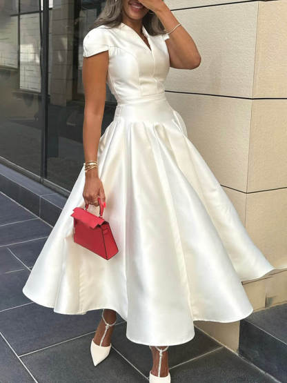 Elegant Pleated V-Neck Waisted A-Line Midi Dress