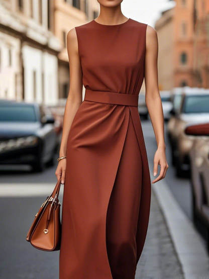 Elegant Pleats Solid Color Sleeveless Round Neck Casual Midi Dress