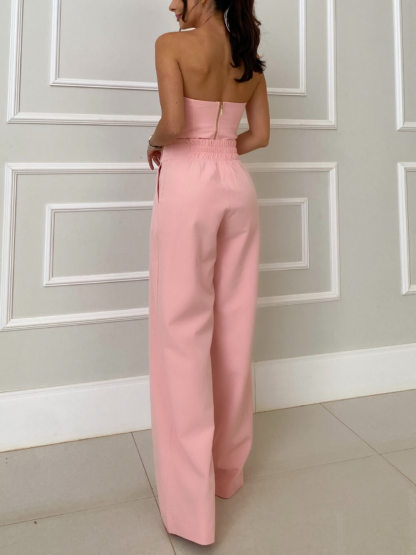 Elegant Tube-Top Short Sleeveless Top High Waist Wide-Leg Pants Set