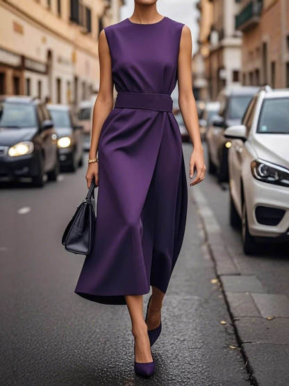 Elegant Pleats Solid Color Sleeveless Round Neck Casual Midi Dress