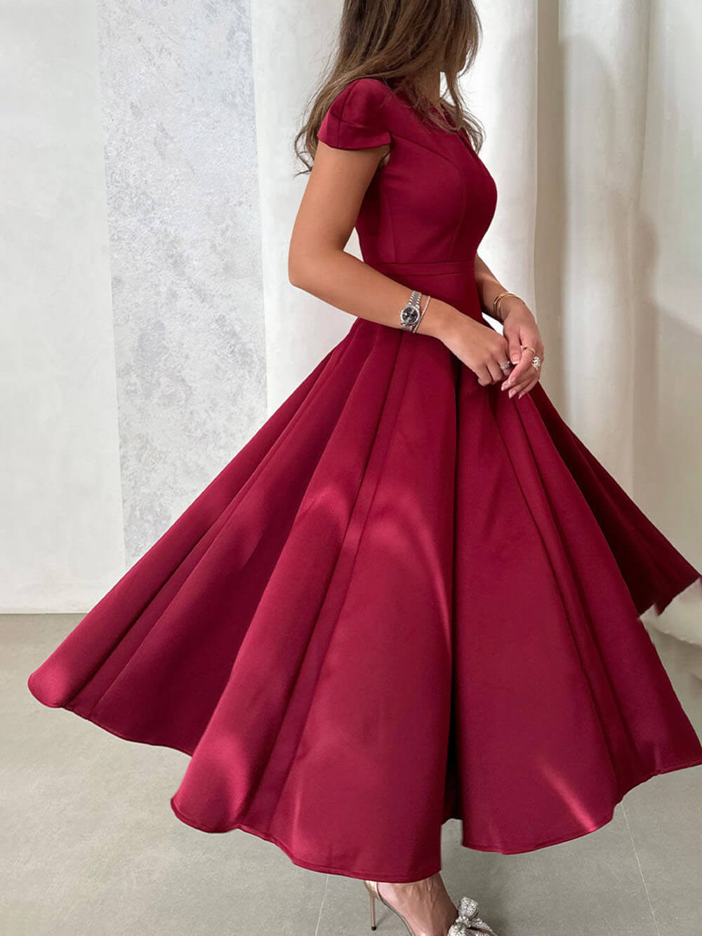 Elegant Pleated V-Neck Waisted A-Line Midi Dress