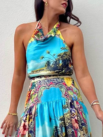 Vibrant Floral Print Draped Lace-Up Sleeveless Scarf Top