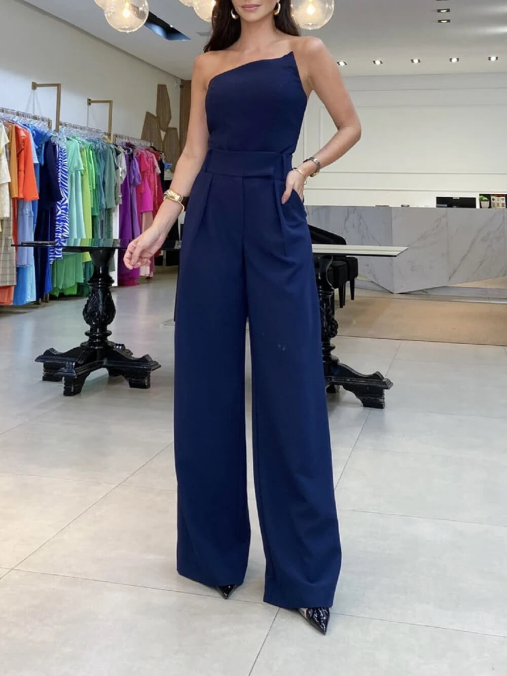 Elegant Tube-Top Short Sleeveless Top High Waist Wide-Leg Pants Set
