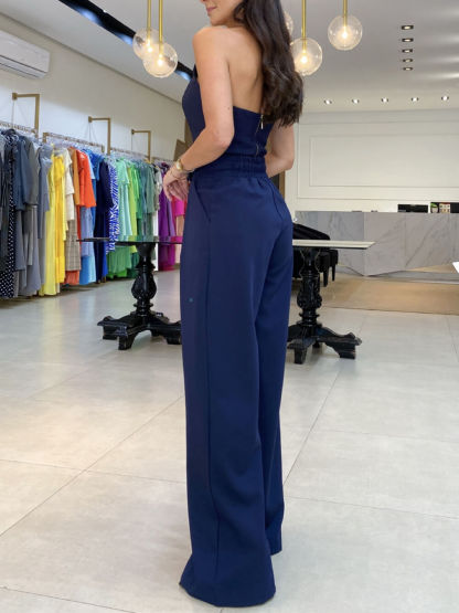Elegant Tube-Top Short Sleeveless Top High Waist Wide-Leg Pants Set