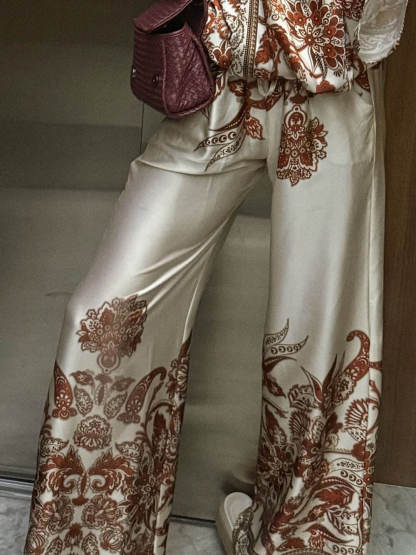 Exquisite Modern Feel Satin Unique Print Bell Sleeve Oversized Shirt