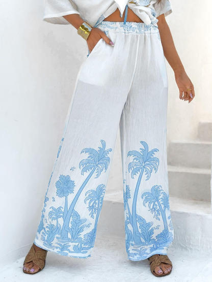 Unique Coconut Palm Print Linen Blend Elastic Waist Pocket Loose Pants