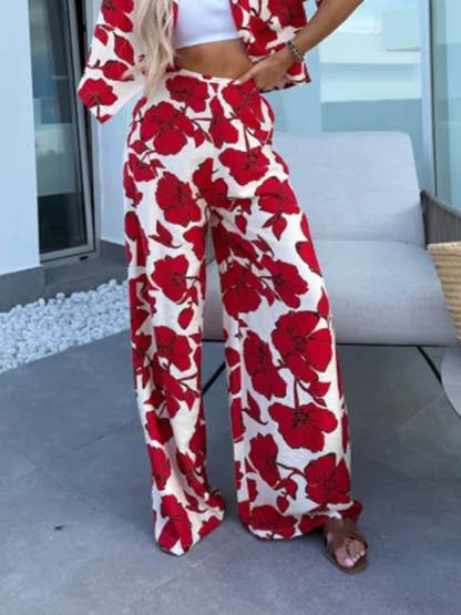 Modern Casual Satin Floral Print High Waist Pocket Wide Leg Pants