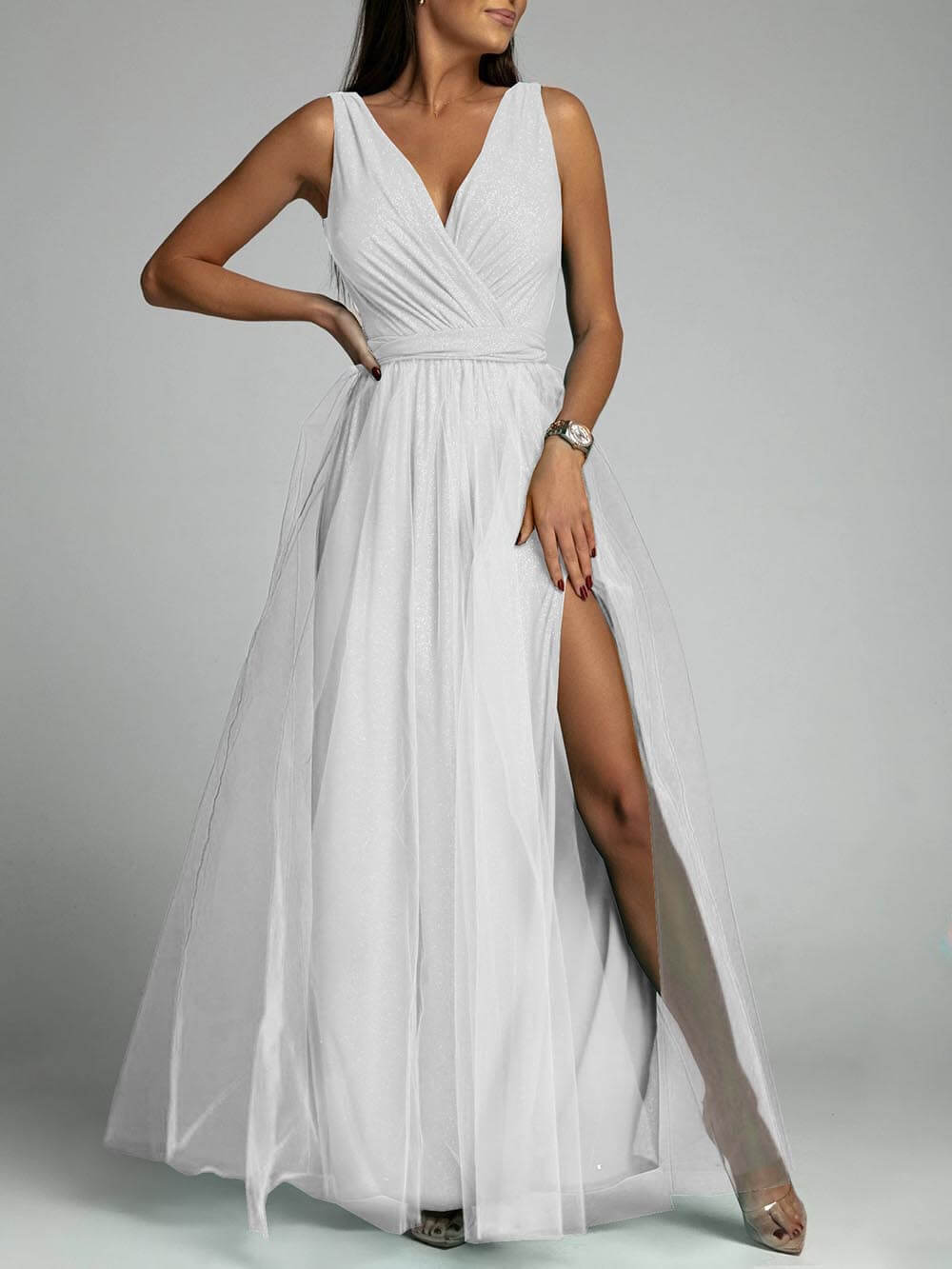 Elegant And Sexy V-Neck Waisted Slit Long Swing Maxi Dress