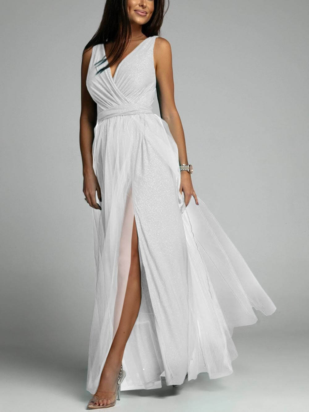 Elegant And Sexy V-Neck Waisted Slit Long Swing Maxi Dress
