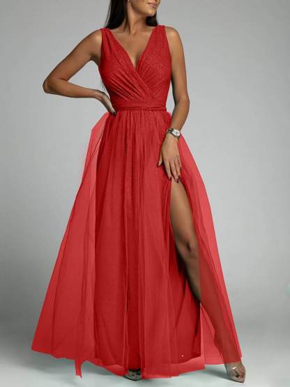 Elegant And Sexy V-Neck Waisted Slit Long Swing Maxi Dress