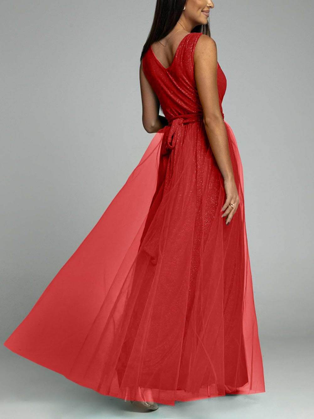 Elegant And Sexy V-Neck Waisted Slit Long Swing Maxi Dress