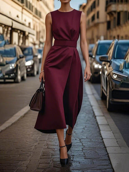 Elegant Pleats Solid Color Sleeveless Round Neck Casual Midi Dress