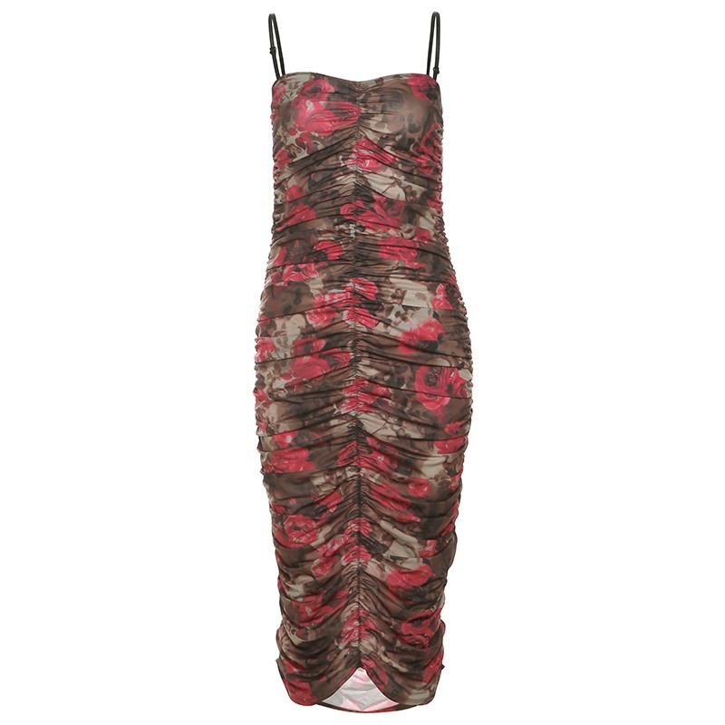 Retro style sexy backless pleated suspender print dress
