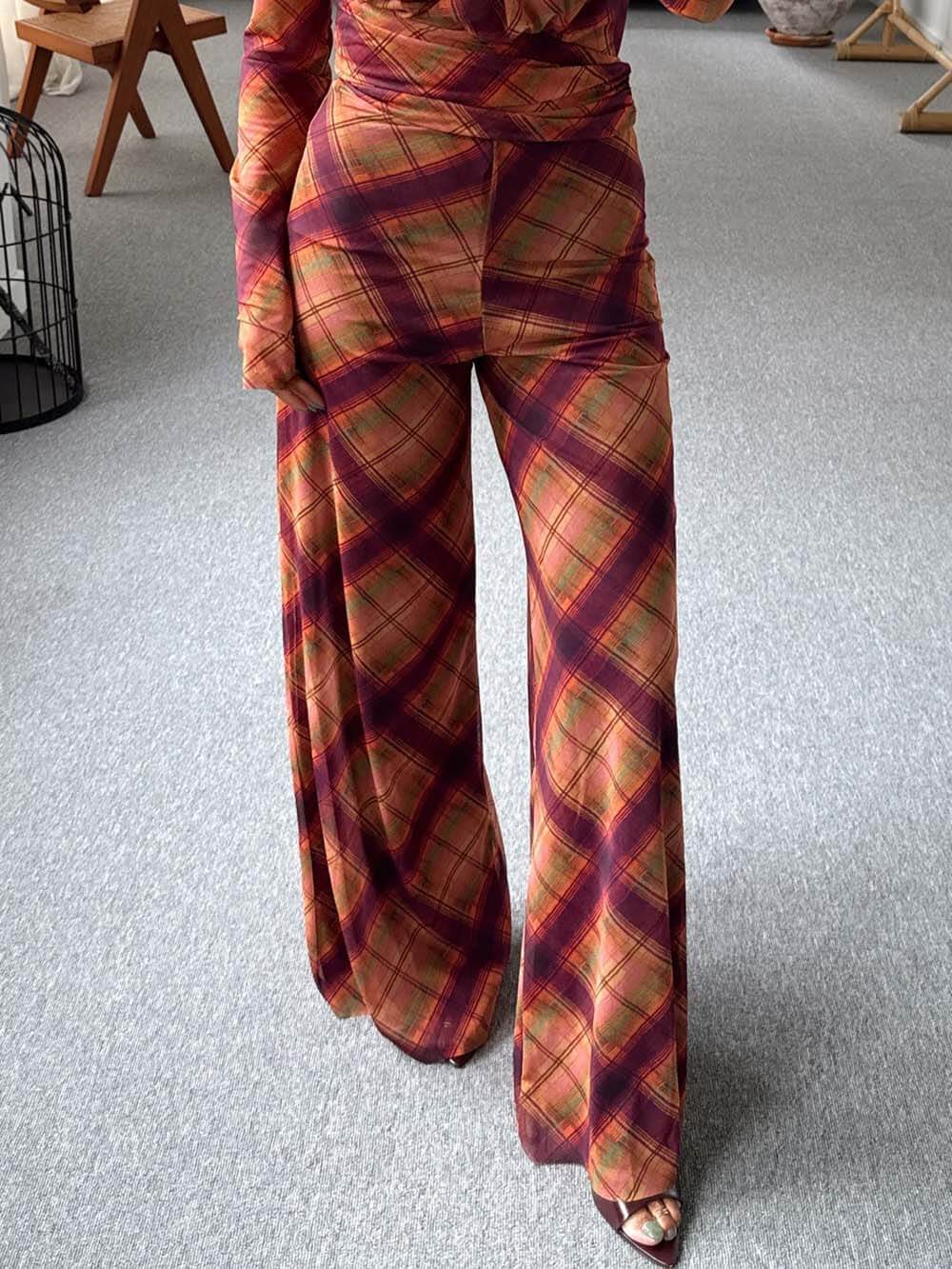 Unique Plaid Print Sheer High-Waist Straight Pants