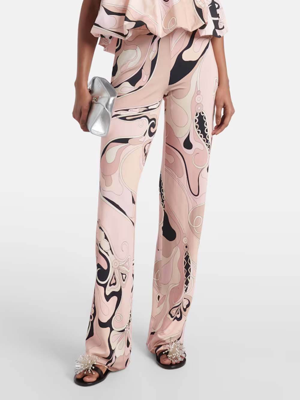 Exquisite Orchid Print Elastic Waist Straight-Leg Pants
