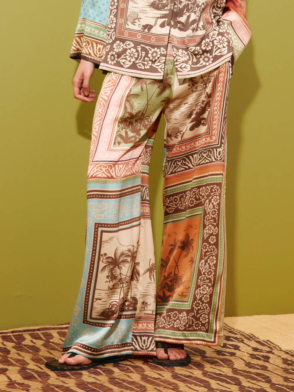 Unique Satin Floral Print Elastic-Waist Wide-Leg Pants