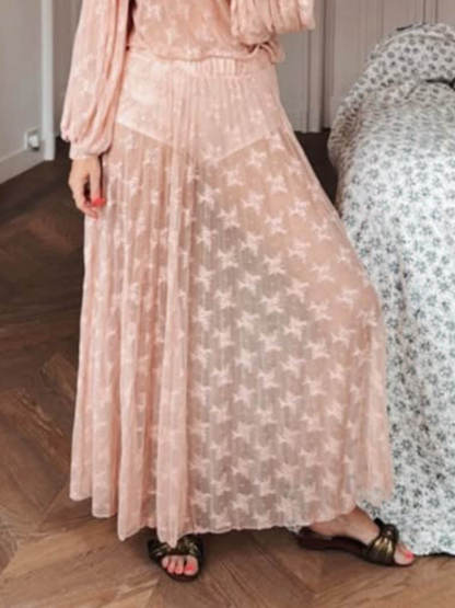 Elegant Mesh Pleated Lace High-Neck Blouse