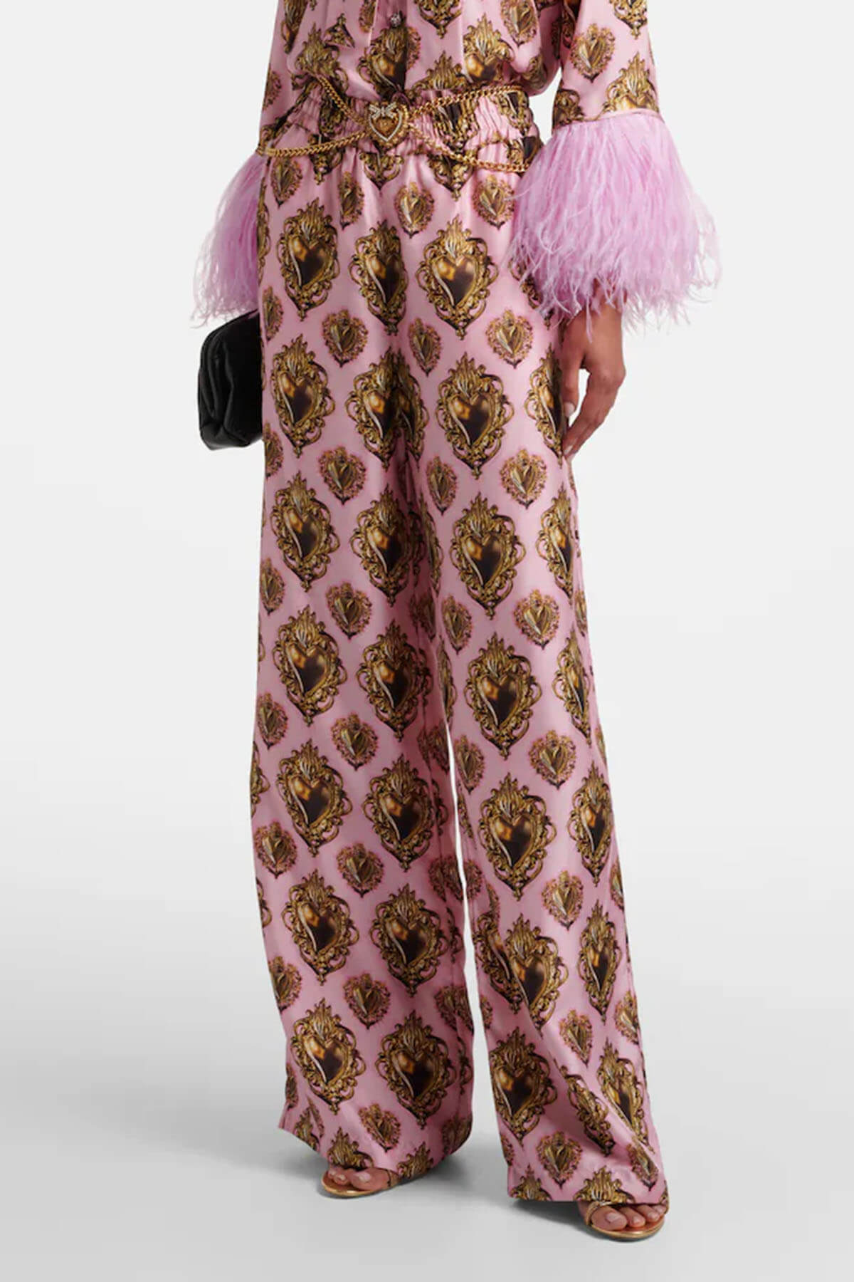 Exquisite Printed High-Waisted Satin Wide-Leg Pants