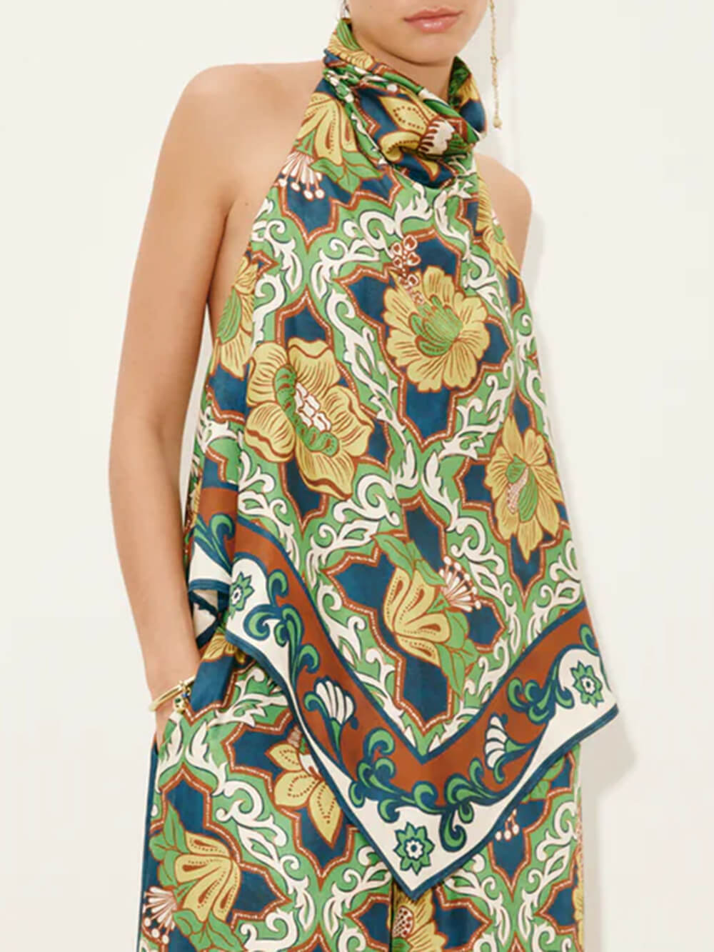 Modern Satin Print Elastic-Waist Pocket Wide-Leg Pants