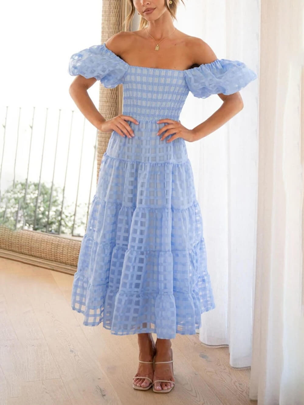 Fashionable One-Shoulder Chiffon Puff Sleeve Swing Midi Dress