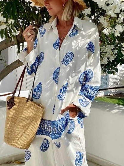 Unique Ethnic Pattern Print Oversized Button-Up Shirt