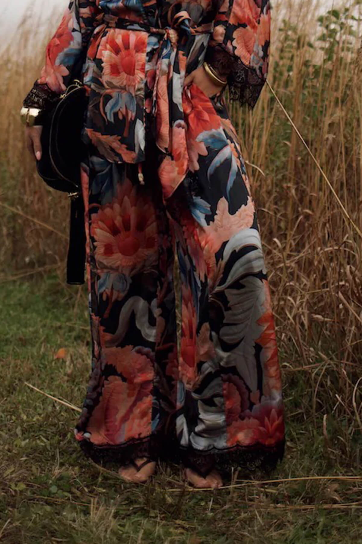 Fashion Lace Patchwork Printed Elastic Waist Wide-Leg Pants