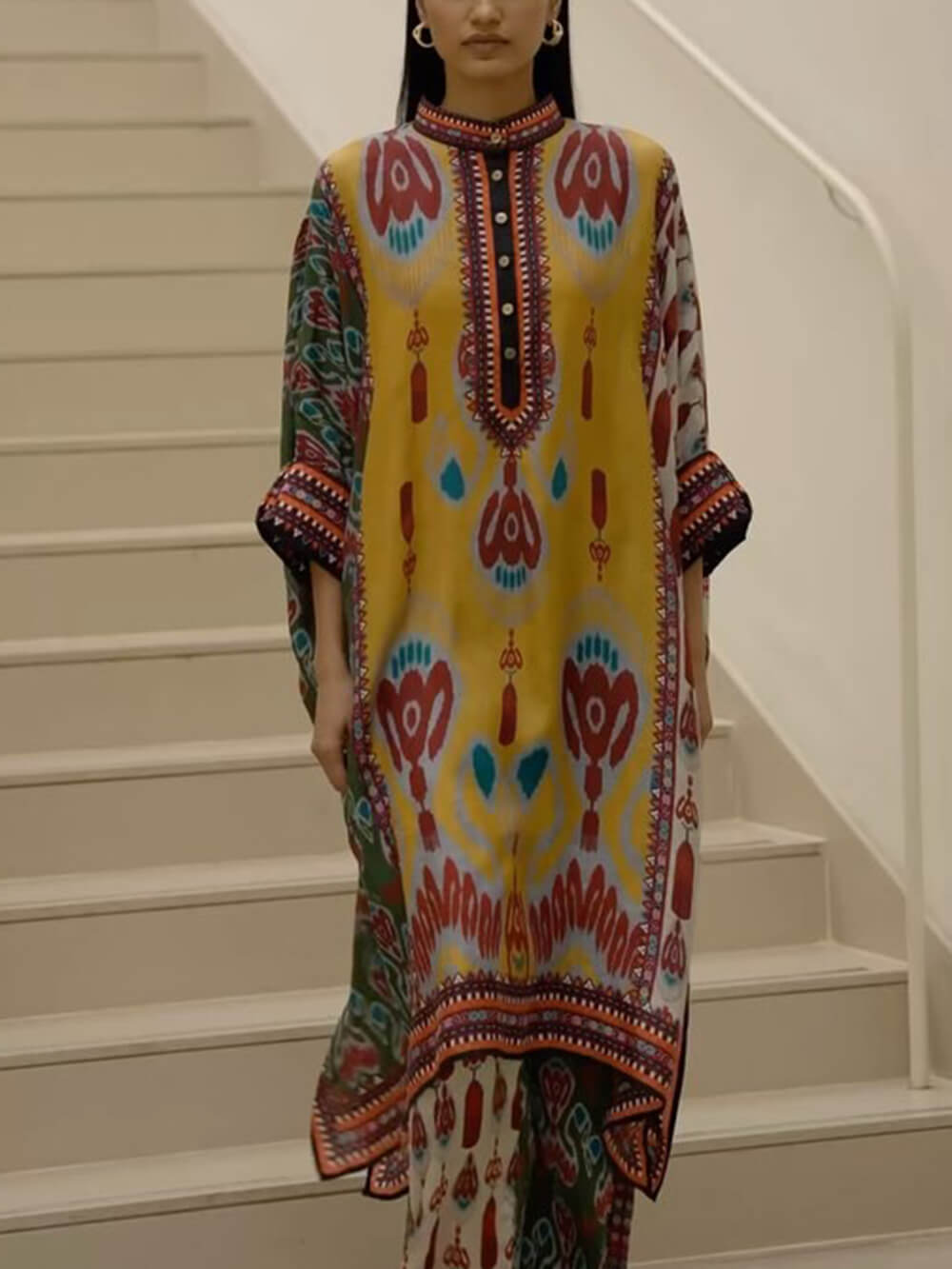 Retro Casual Patchwork Floral Print Loose Midi Shirt