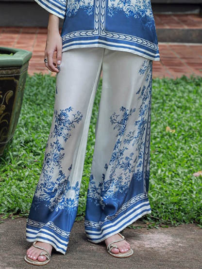 Classic Floral Print Patchwork Elastic Waist Wide-Leg Pants